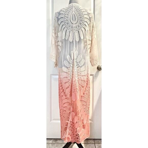 Womens Embroidered Ombre Lace Kimono Boho Sheer 3/4 Sleeve Rose OSFM 48x20 - Picture 4 of 6